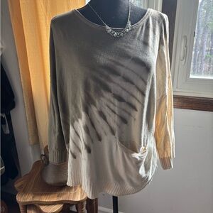 Democracy sweater size L features a tie-dye pattern in olive and white.